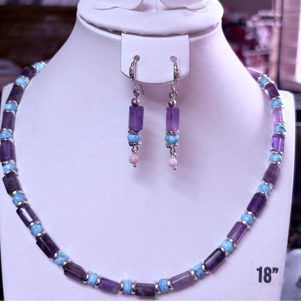 Artisan Handmade Purple Amethyst & Turquoise Sterling 925 Necklace & Earring Set